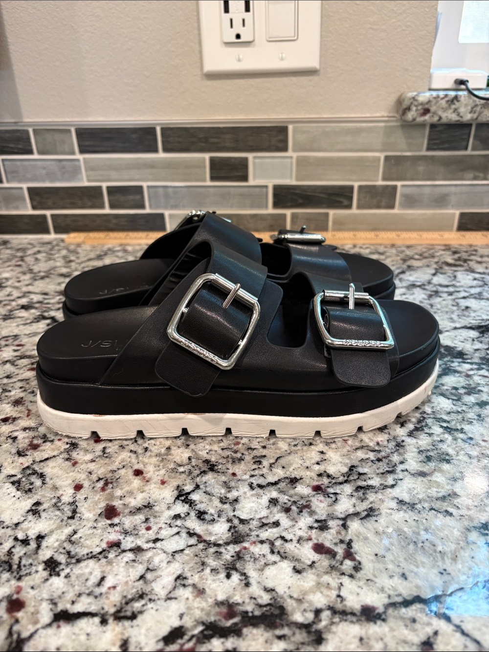 J/Slides NYC Black Leather Slide Sandals with Silver Buckles size 8.